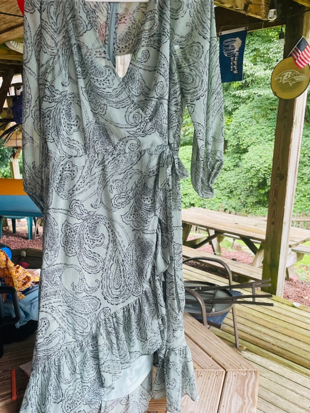 Pretty Calvin Klein, sage, green paisley wrap, ruffle dress